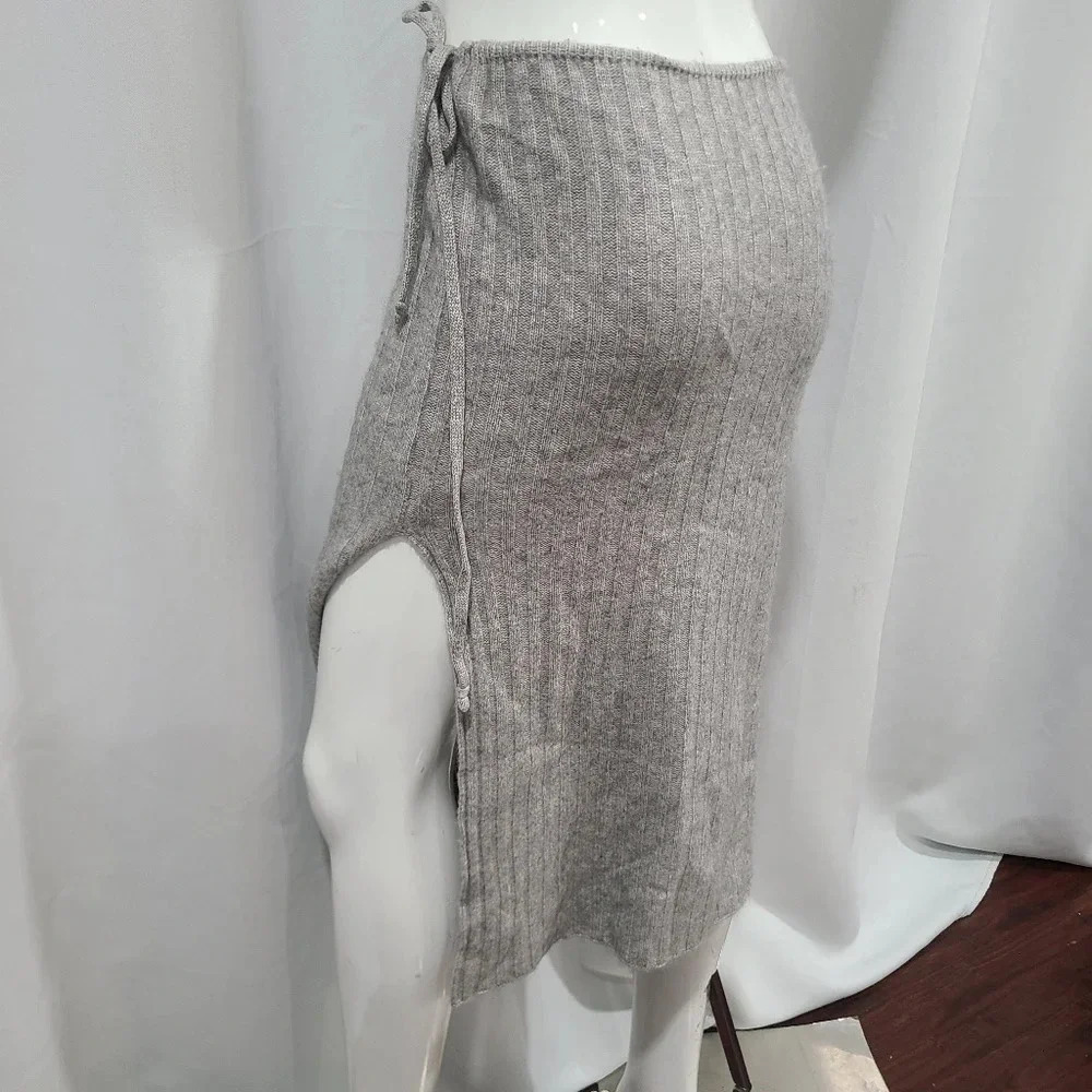 Free People One Size Gray Ribbed Knit Midi Skirt W/ Side Slit‎ Soft Cozy Stretch